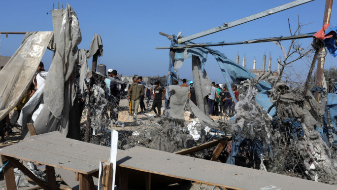 A view of the destroyed makeshift tents of displaced Palestinians living in Al-Mawasi Area after Israeli attacks in Khan Younis