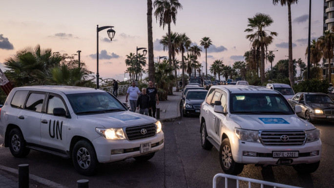  A UNIFIL armoured Land Cruise drive out from a beachside hotel by a sea side road in an upmarket part of downtown Beirut