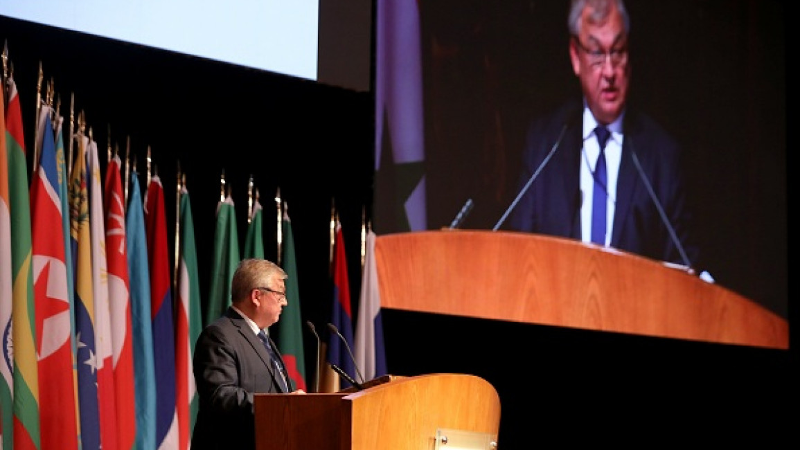 Russia's special envoy on Syria Alexander Lavrentiev addresses the opening session of the international conference on the return of refugees in Damascus on November 11, 2020.