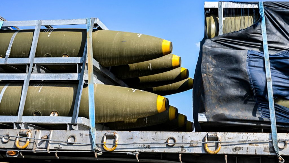 A shipment of 155mm artillery shells used by the Israeli army is transported on a truck along a highway between the Jerusalem and Beersheba in southern Israel on October 14, 2023. (Photo by Yuri CORTEZ / AFP) (Photo by YURI CORTEZ/AFP via Getty Images)