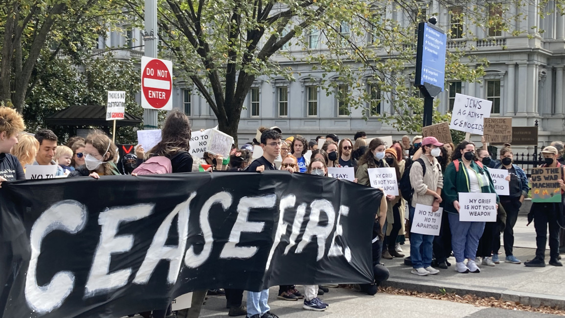 A Jewish-led demonstration in support of Gazans on 16 October in front of the White House. [Brooke Anderson/The New Arab]