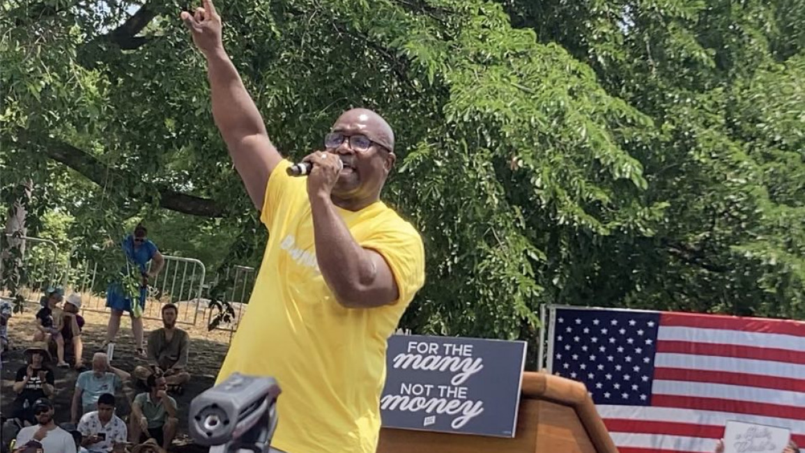 US Representative Jamaal Bowman gives a speech at a campaign rally in the Bronx. [Brooke Anderson/TNA]