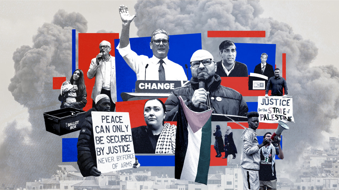 An illustration using photos of UK politicians including Keir Starmer, Andrew Feinstein, and Rishi Sunak. A Palestinian flag is also shown. The background features an image of large smoke plumes from bombing