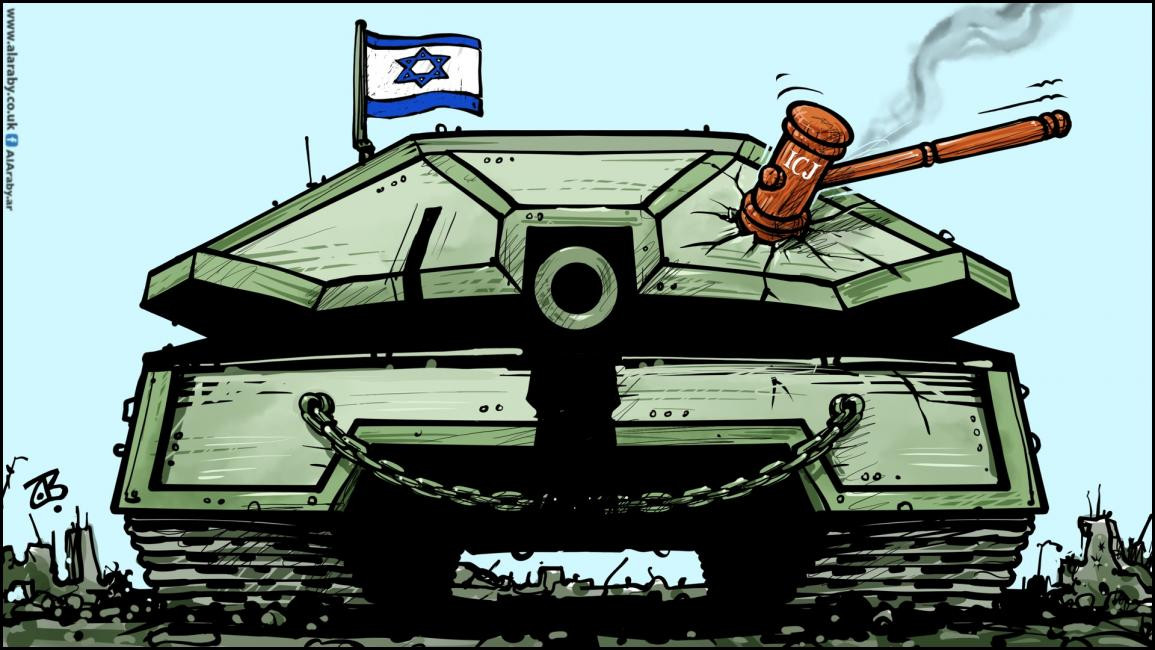 Tank with Israeli flag hit by hammer with ICJ on