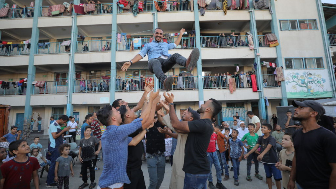 Displaced Palestinians celebrated groom Mohammed Radi [Getty]