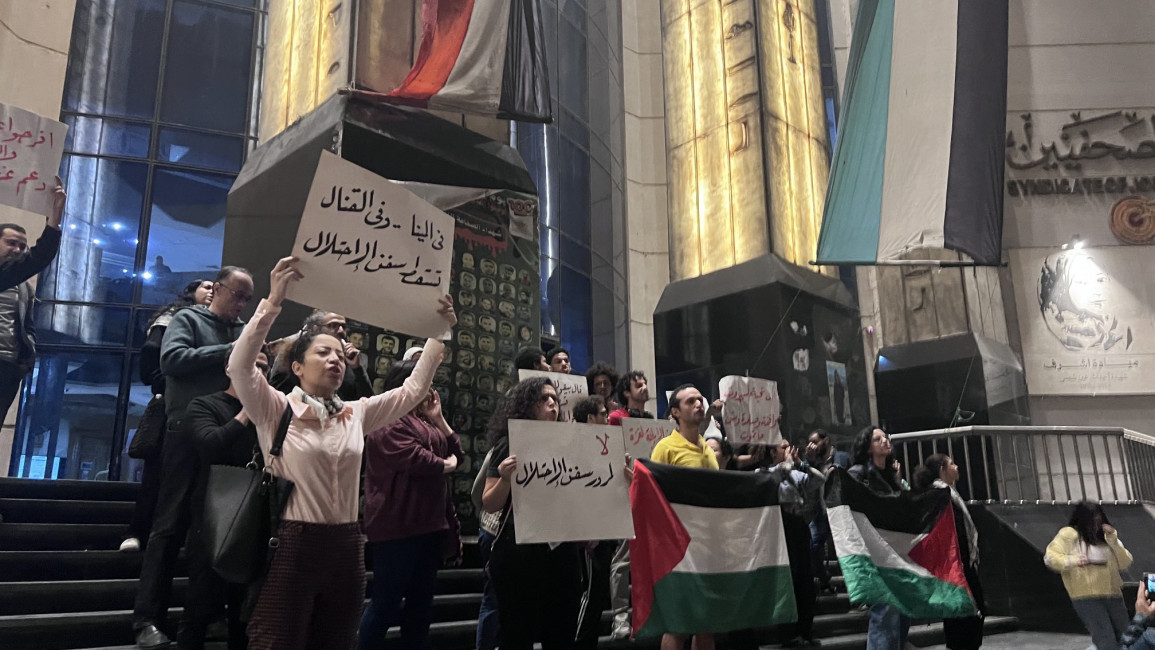 Egyptian journalists and activists protested against the passage of Israeli ships through Egyptian waters. [Social Media]  