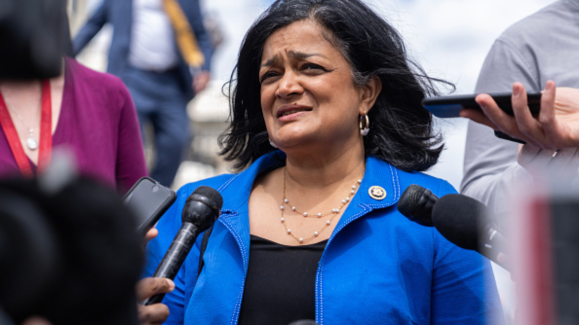 Rep. Pramila Jayapal, D-Wash., talks with reporters outside the U.S. Capitol after the House reauthorized Section 702 of the Foreign Intelligence Surveillance Act (FISA) on Friday, April 12, 2024.