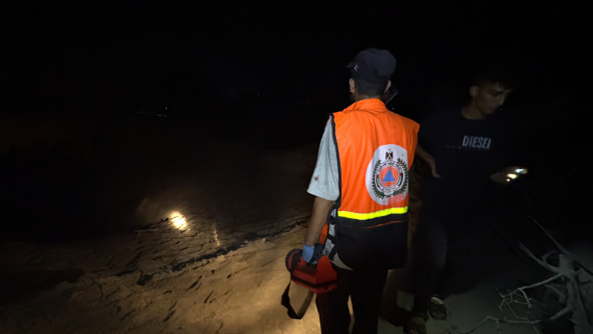 Teams conduct a search and rescue operation after Israeli airstrike on a tent encampment of displaced Palestinians in Al-Mawasi area of Khan Yunis, Gaza on September 10, 2024