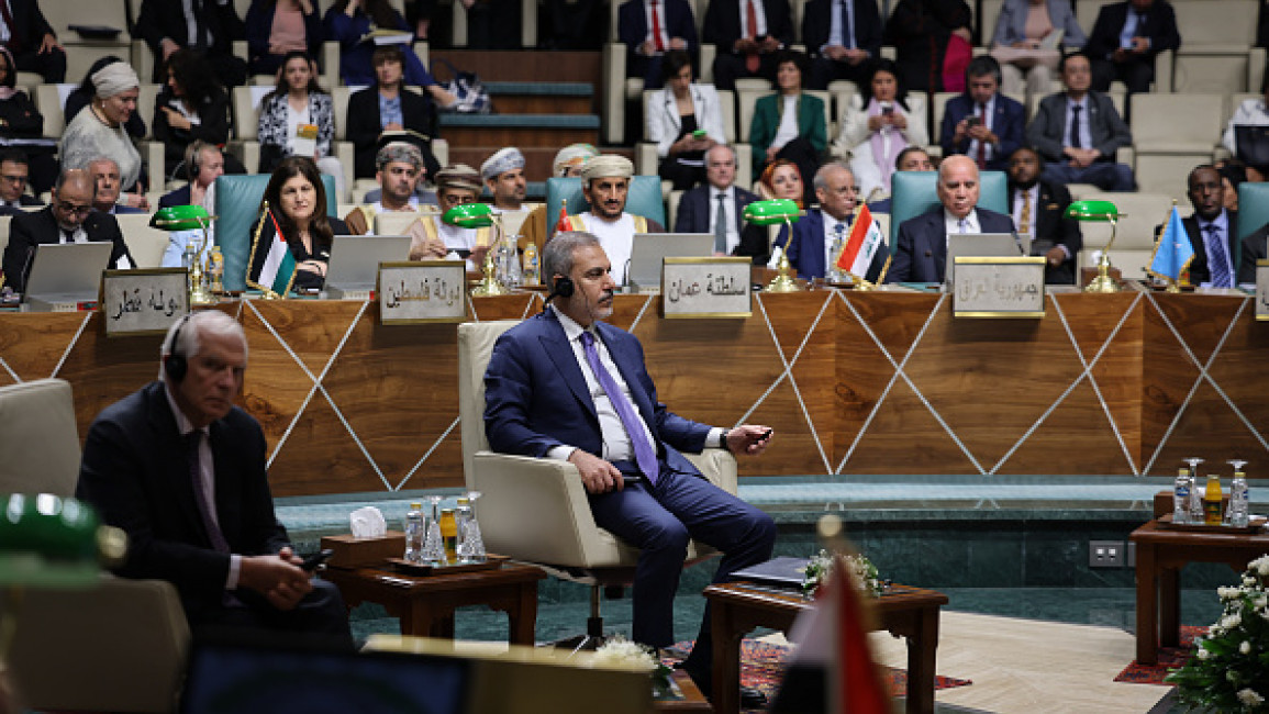 Vice-President of the European Commission and High Representative of the Union for Foreign Affairs and Security Policy Josep Borrell and Turkish Foreign Minister Hakan Fidan attend Council of Foreign Ministers of the Arab League, on September 10, 2024 in Cairo, Egypt. (Photo by Arda Kucukkaya/Anadolu via Getty Images)