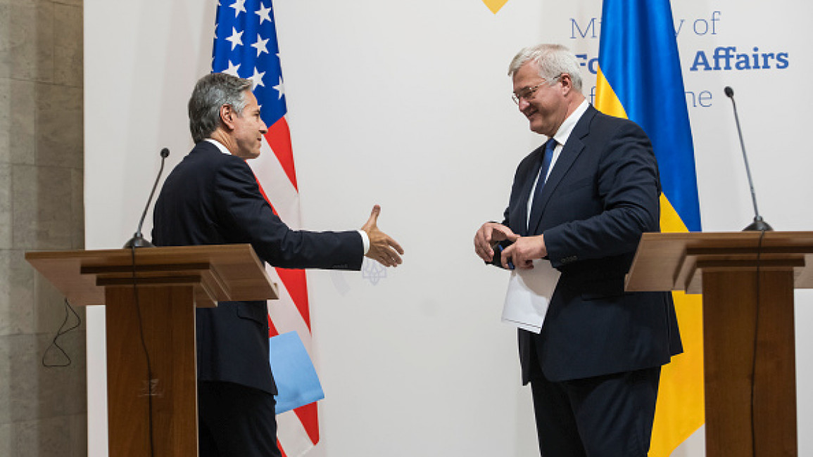 U.S. Secretary of State Antony Blinken greets Ukraine's Foreign Minister Andrii Sybiha at a joint press conference with Britain's Foreign Secretary David Lammy 