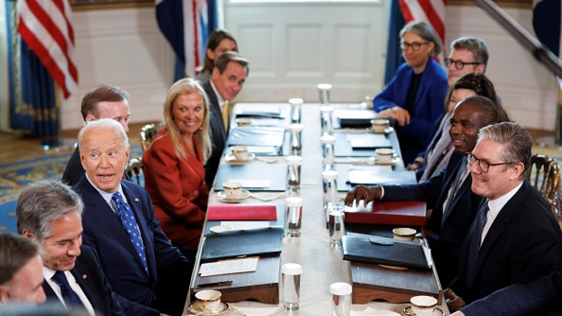 President Joe Biden meets with British Prime Minister Keir Starmer inside the Blue Room at the White House in Washington on September 13, 2024. (Photo by Tom Brenner for The Washington Post via Getty Images)