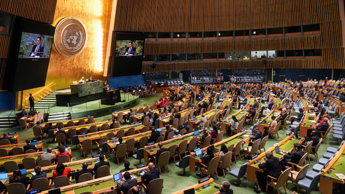 A general view of hall during the first day of UN General Assembly's emergency special session on Palestine at United Nations Headquarters in New York, United States on September 17, 2024. 