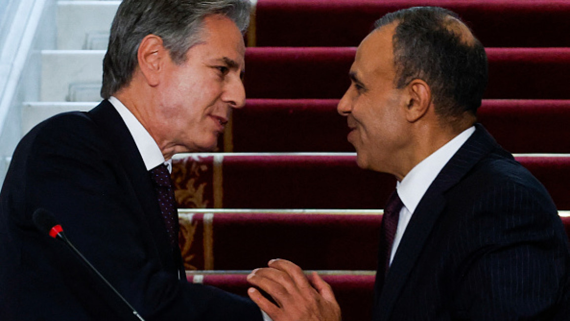 US Secretary of State Antony Blinken (L) shakes hands with Egypt's Foreign Minister Badr Abdelatty after a joint press conference at Tahrir palace in the centre of Cairo on September 18, 2024. Blinken arrived on September 18 on his 10th trip to the Middle East since the start of the war in Gaza nearly a year ago.