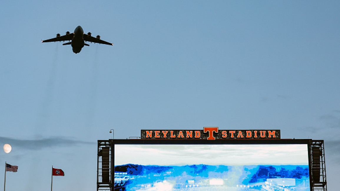 A United States Air Force C-130 flys over Neyland Stadium prior to kickoff between the Tennessee Volunteers and Kent State Golden Flashes on September 14, 2024 in Knoxville, Tennessee.