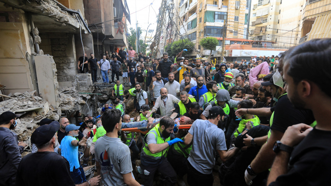 The strike on Hezbollah's stronghold in Lebanon's capital Beirut reportedly killed at least eight people and wounded dozens of others, with a source close to the movement saying a top military leader was dead. (Photo by AFP) (Photo by -\/AFP via Getty Images)