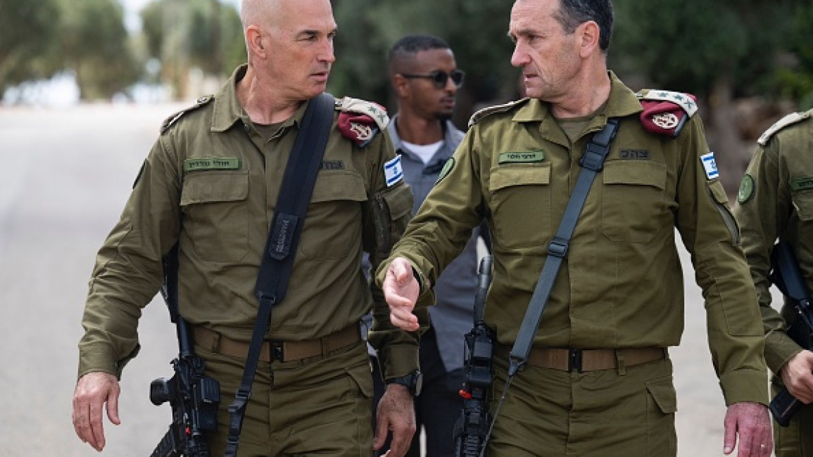 Chief of the General Staff of the Israel Defense Forces Herzi Halevi (R) meets with the Commanding Officer of the Northern Command, Major General Ori Gordin (L) in Israel, on September 20, 2024. (Photo by Israeli army/Anadolu via Getty Images)