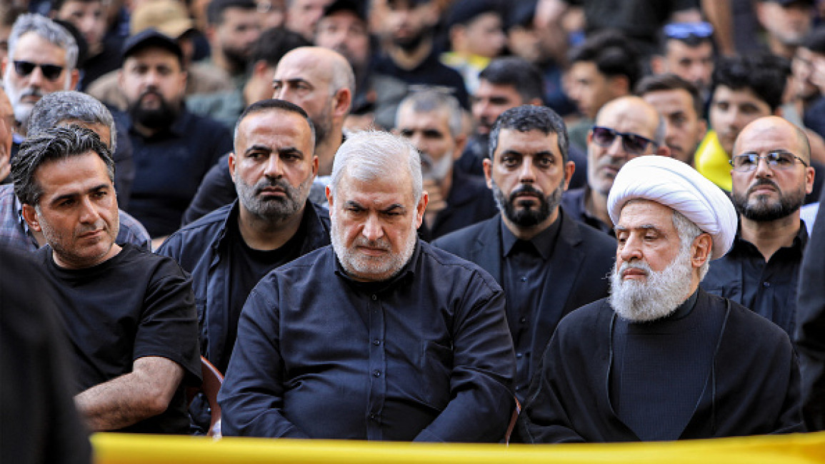 Naim Qassem (R), deputy secretary-general of the Lebanese Shia militant group Hezbollah, attends the funeral of top Hezbollah military commander Ibrahim Aqil in Beirut's southern suburbs on September 22, 2024. (AFP via Getty Images)