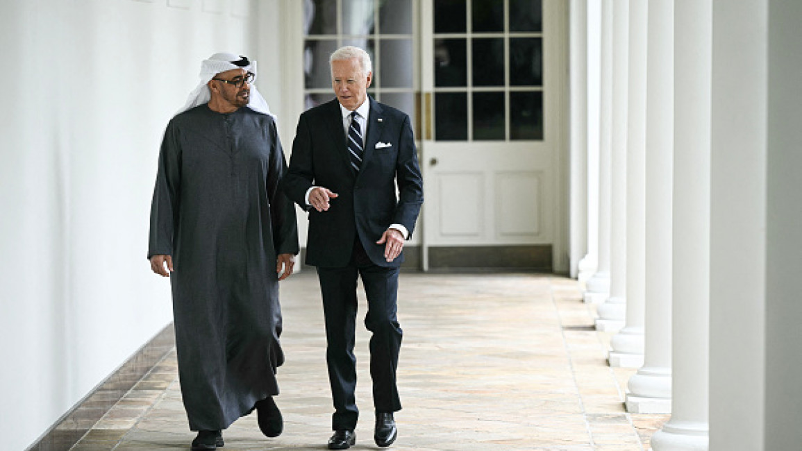 US President Joe Biden walks with President of the United Arab Emirates Sheikh Mohamed bin Zayed al-Nahyan along the colonnade of the White House in Washington, DC, on September 23, 2024. (Photo by BRENDAN SMIALOWSKI/AFP via Getty Images)