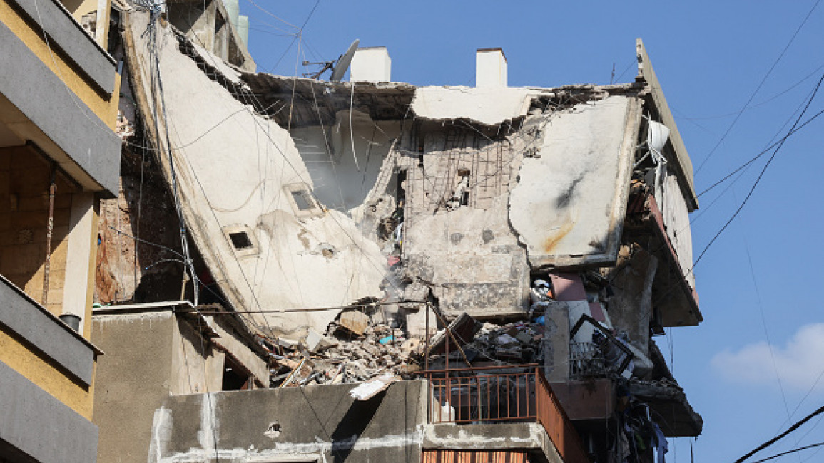 	This picture shows a residential building whose top two floors were hit by an Israeli strike in the Ghobeiri area of Beirut's southern suburbs on September 24, 2024. (Photo by ANWAR AMRO/AFP via Getty Images)