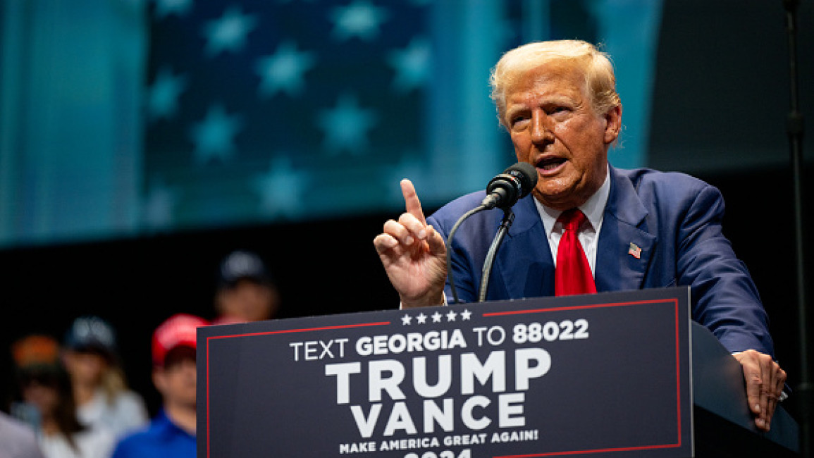  Republican presidential nominee, former U.S. President Donald Trump speaks at a campaign rally at the Johnny Mercer Theatre on September 24, 2024 in Savannah, Georgia. 