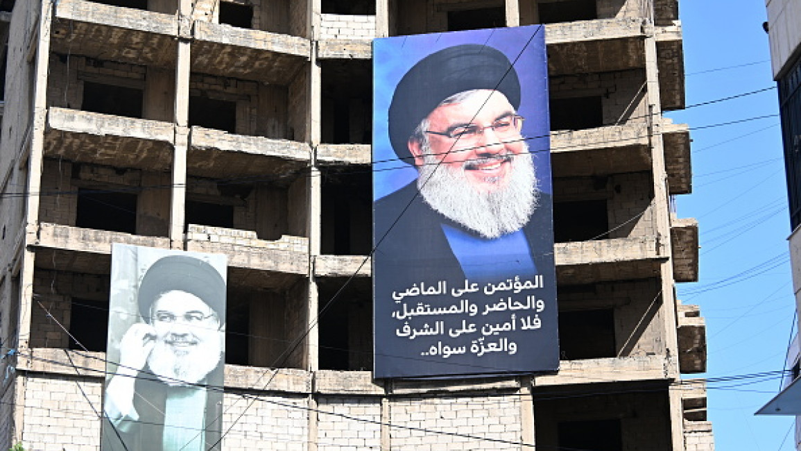 A portrait of Hezbollah's Secretary-General Hassan Nasrallah, who lost his life after Israeli army's airstrike which was carried out by F-35 fighter jets, is hung on a building in Beirut, Lebanon on September 29, 2024.