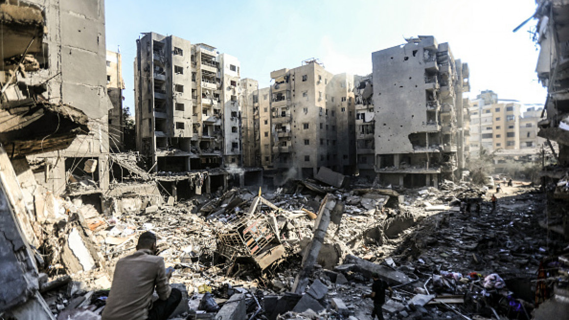 People check the rubble of buildings which were levelled on September 27 by Israeli strikes that targeted and killed Hezbollah leader Hassan Nasrallah in the Haret Hreik neighbourhood of Beirut's southern suburbs, on September 29, 2024. (AFP/Getty)