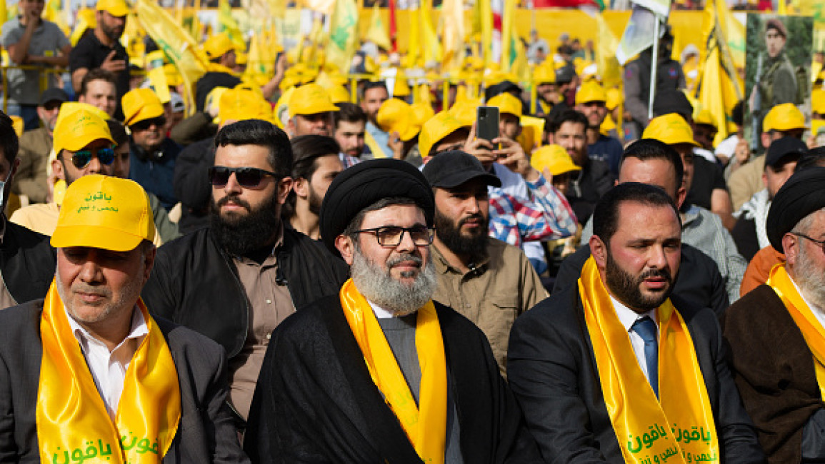 	Hashim Safi Al-Din senior Hezbollah leader and maternal cousin of Hassan Nasrallah, Secretary-General of Hezbollah, sits in the front row ahead of his speech at the Hezbollah Political Party Rally on May 13, 2022 in Baalbek in Bekaa Valley, Lebanon.