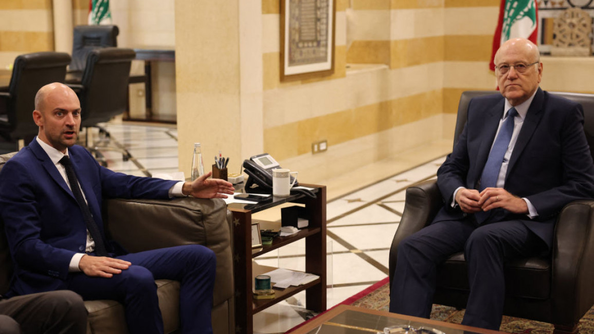 Lebanon's caretaker Prime Minister Najib Mikati meets with the French Minister of Foreign Affairs Jean-Noel Barrot in Beirut