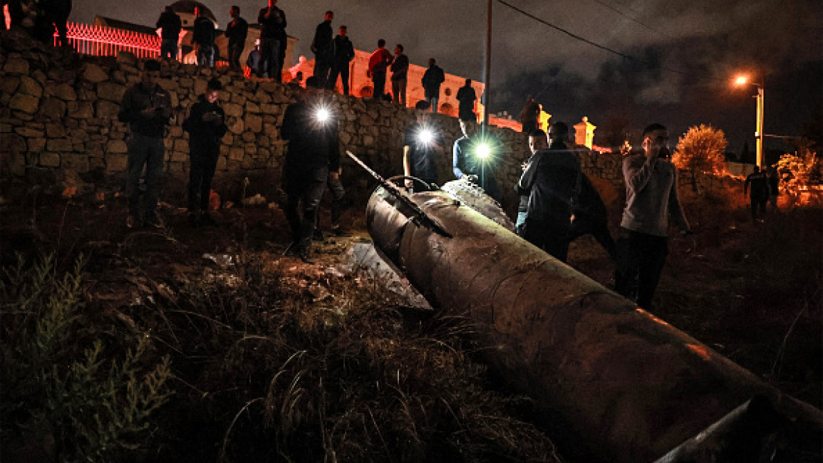 A fallen projectile after Iran launched a barrage of missiles at Israel in response to the killings of Lebanese Hezbollah leader Nasrallah and other Iran-backed operatives in the occupied West Bank on October 1, 2024. 