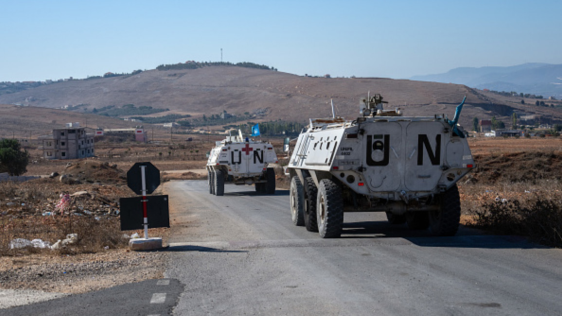 UNIFIL (United Nations Interim Force In Lebanon) armoured personnel carriers depart a base to patrol near the Lebanon- Israel border on October 5, 2024 in Marjayoun, Lebanon. (Photo by Carl Court/Getty Images)