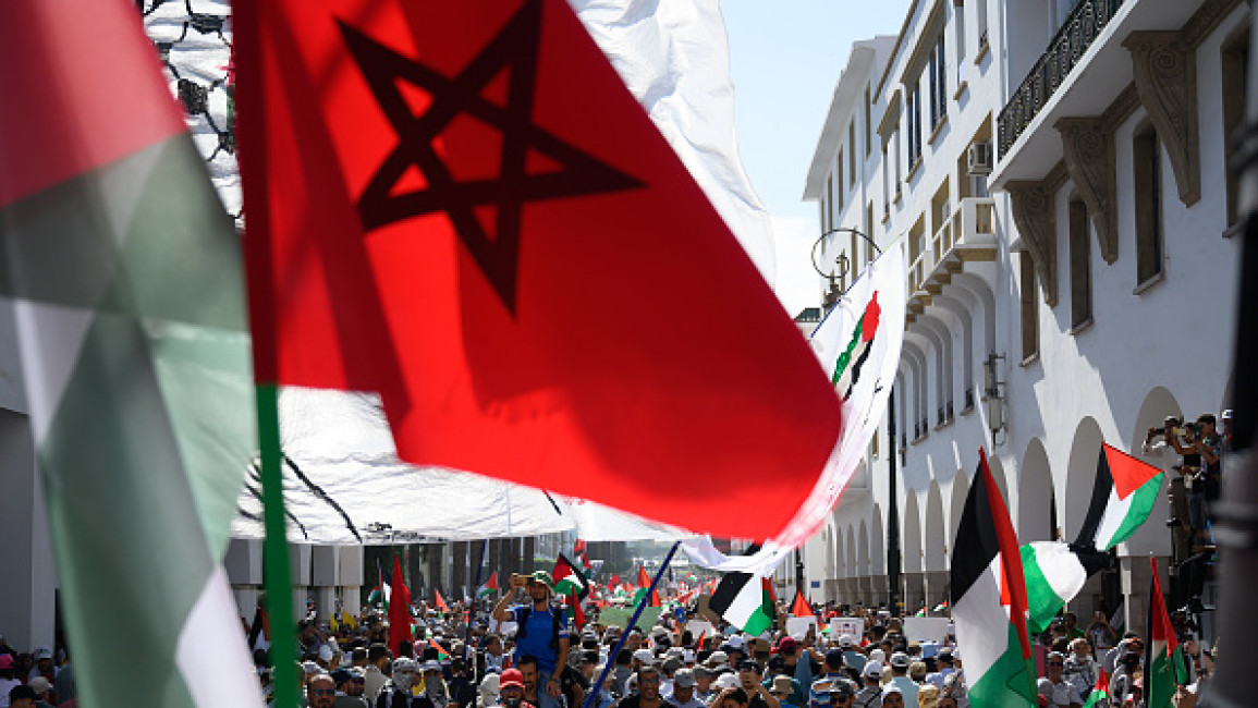 Hundreds of people gathered to protest Israel's war on Gaza attend the march organized to the approach of the first anniversary of Israel's attacks on Gaza on October 06, 2024 in Rabat, Morocco. (Photo by Abu Adem Muhammed/Anadolu via Getty Images)