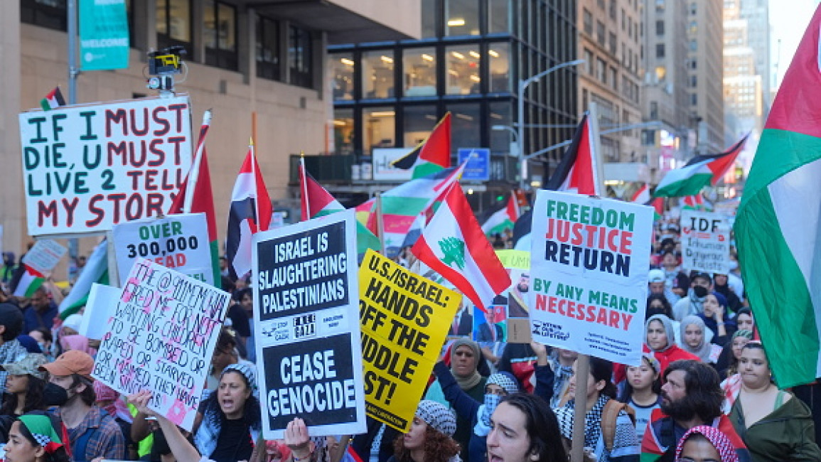  Thousands of pro-Palestinian protesters flooded various New York City neighborhoods Monday to mark the first anniversary of the Gaza war in United States on October 07, 2024.