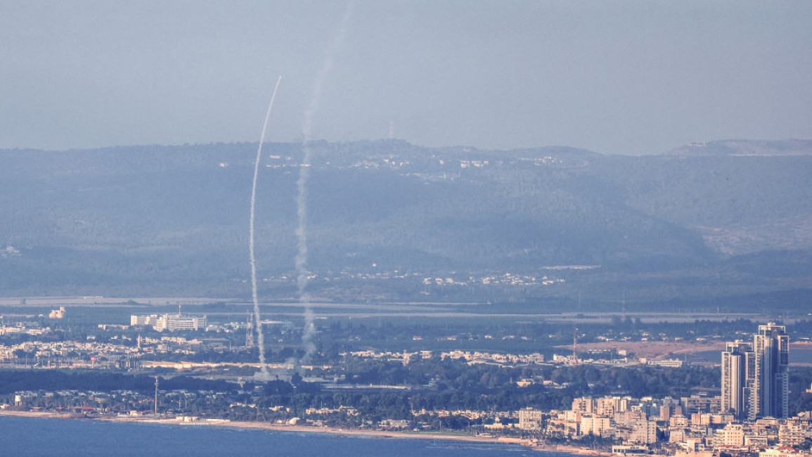 Israel's Iron Dome air defence system intercepts rockets fired from Lebanon, near Acre in northern Israel