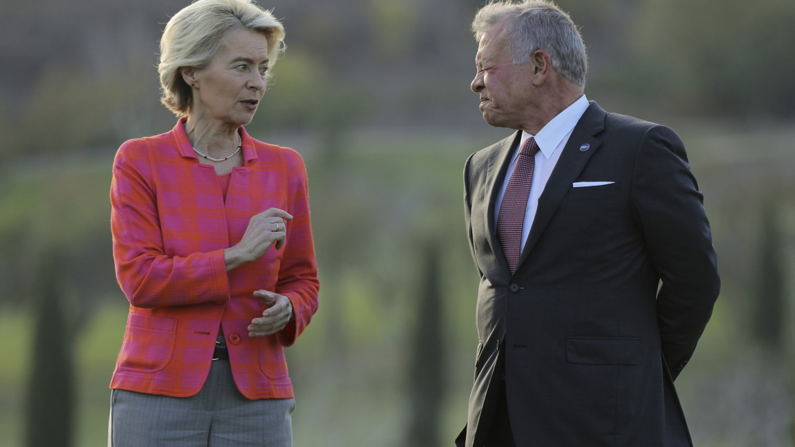 EU Commission President Ursula von der Leyen and Jordan's King Abdullah II bin al-Hussein at the MED9 leaders' summit at Minthis resort in Paphos