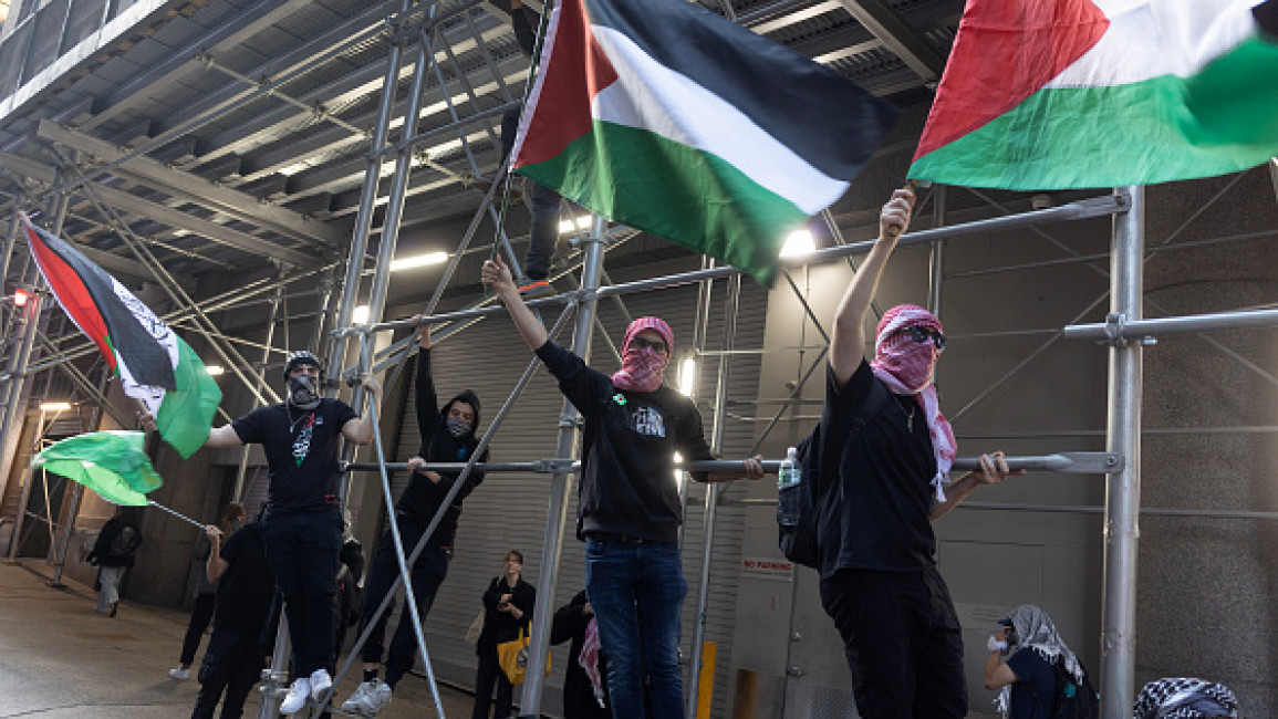 ro-Palestinian supporters with the group Within Our Lifetime march throughout the streets of New York, October 7, 2024 in New York City, New York. Demonstrations were held in Lower Manhattan.