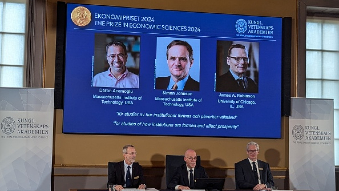 Nobel Committee announces the winners of the 2024 Nobel Prize in Economic Science during a press conference at the Karolinska Institute in Stockholm, Sweden, on October 14, 2024. (Photo by Atila Altuntas/Anadolu via Getty Images)