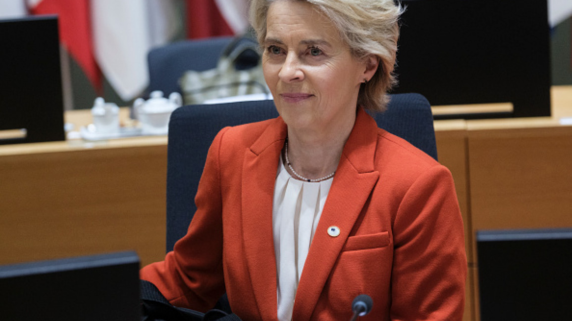  President of the European Commission Ursula von der Leyen attends an EU Summit in the Europa building, the EU Council headquarter on October 17