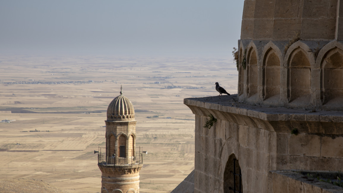 	Grand Mosque in the historical texture of Mardin and the view of Mesopotamia behind it