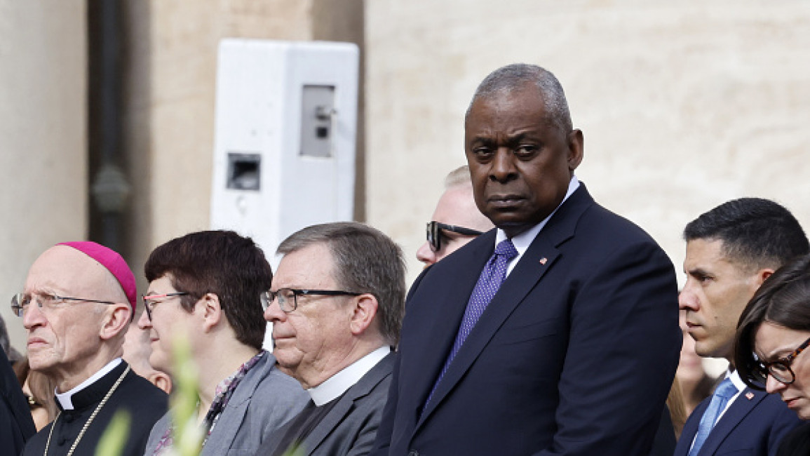 US Secretary of Defense Lloyd Austin (C) attends the Holy Mass and canonization of 14 saints and martyrs from Damascus at Saint Peter's Square in the Vatican on October 20, 2024. 