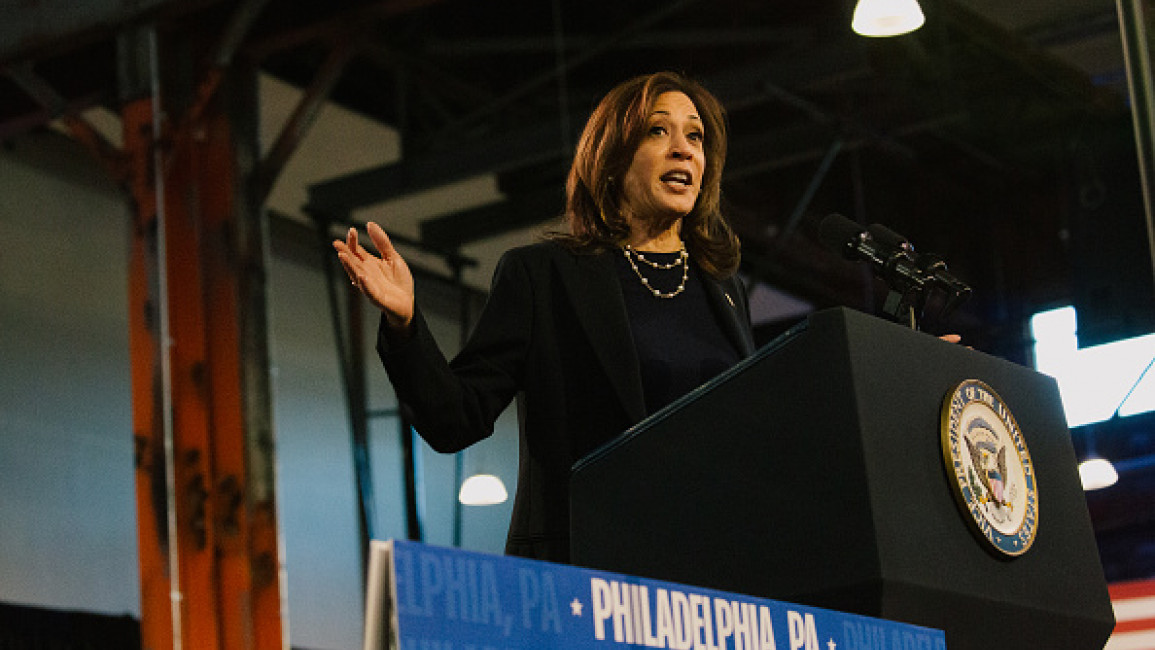 ice President and the Democratic candidate for president Kamala Harris speaks during a campaign event at The Alan Horwitz "Sixth Man" Center in Philadelphia, Pennsylvania on Sunday October 27, 2024. 