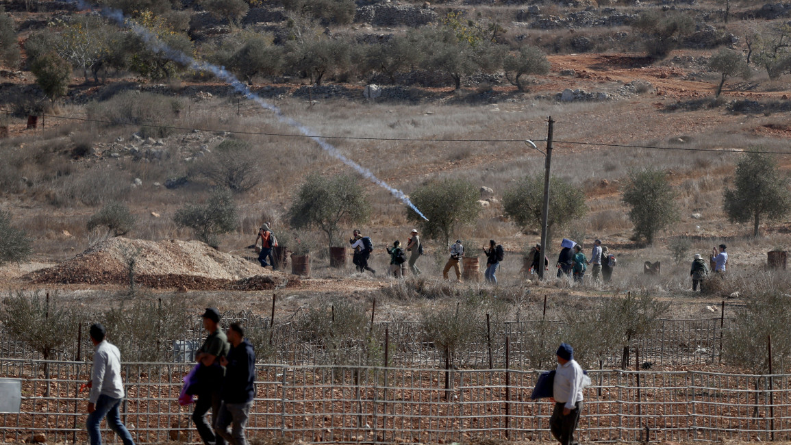  Israeli forces, not permitting the event, intervene by using tear gas on a group of Palestinians and supporting activists gathered in Qasra village in Nablus, West Bank, for an olive-picking on October 29, 2024. (Photo by Issam Rimawi/Anadolu via Getty Images)