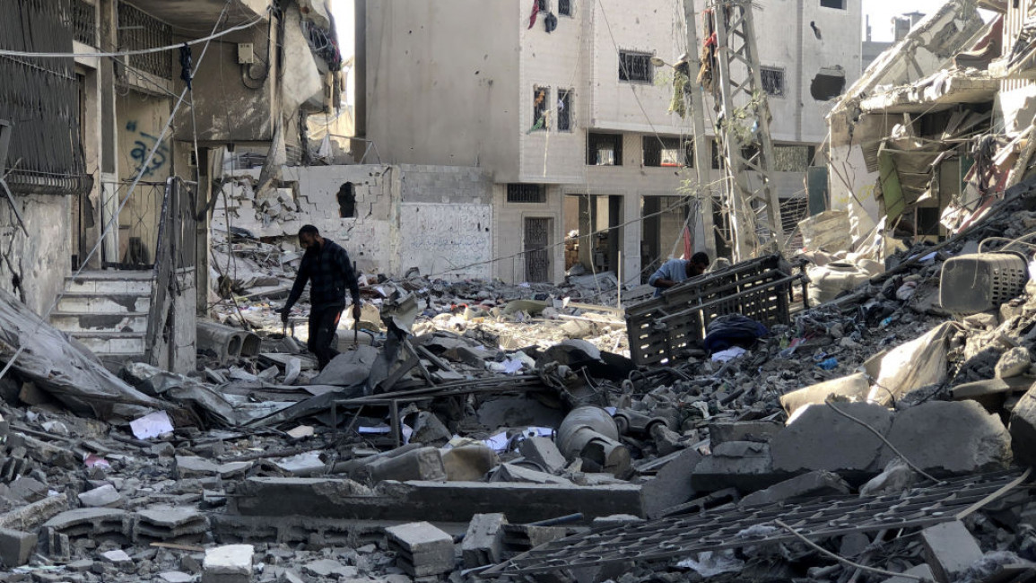 A general view of the destruction after the Israeli army attack on the 5-storey building belonging to the Abu Nasr family in Beit Lahia, Gaza