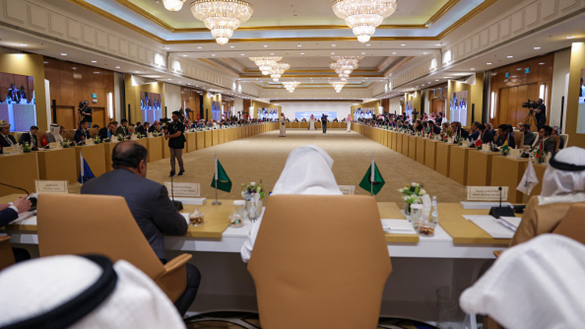 Participants attend the 'International Alliance to Implement the Two-State Solution' meeting in Riyadh on October 30, 2024. (Photo by FAYEZ NURELDINE/AFP via Getty Images)