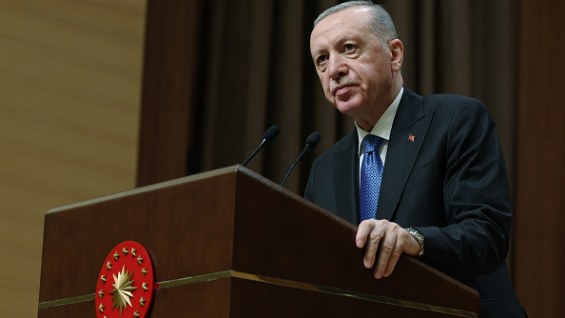 Turkish President Recep Tayyip Erdogan makes remarks as he attends the Award Ceremony of 9th International Holy Quran Memorization and Fine Recitation Competition at the Presidential Complex in Ankara, Turkiye.