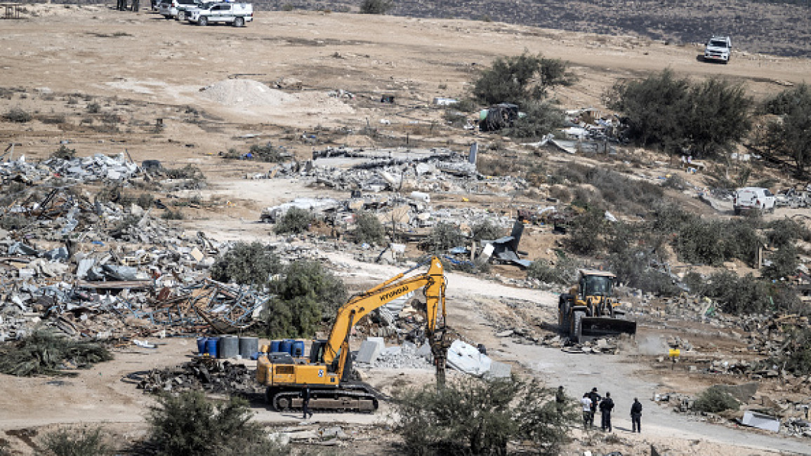 Israeli security forces demolish buildings and mosque in the Bedouin village of Umm al-Hiran, where an evacuation and demolition order has been issued for the construction of Israeli settlements in Negev, November 14, 2024. (Mostafa Alkharouf/Anadolu/Getty)