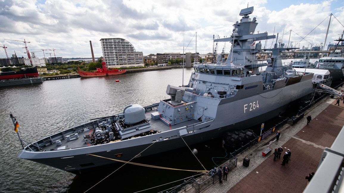 German Navy K130 Braunschweig class ship F264 Ludwigshafen Am Rhein sits moored outside the ExCeL centre in London on September 15, 2015, during the Defence and Security Equipment International (DSEI) exhibition.